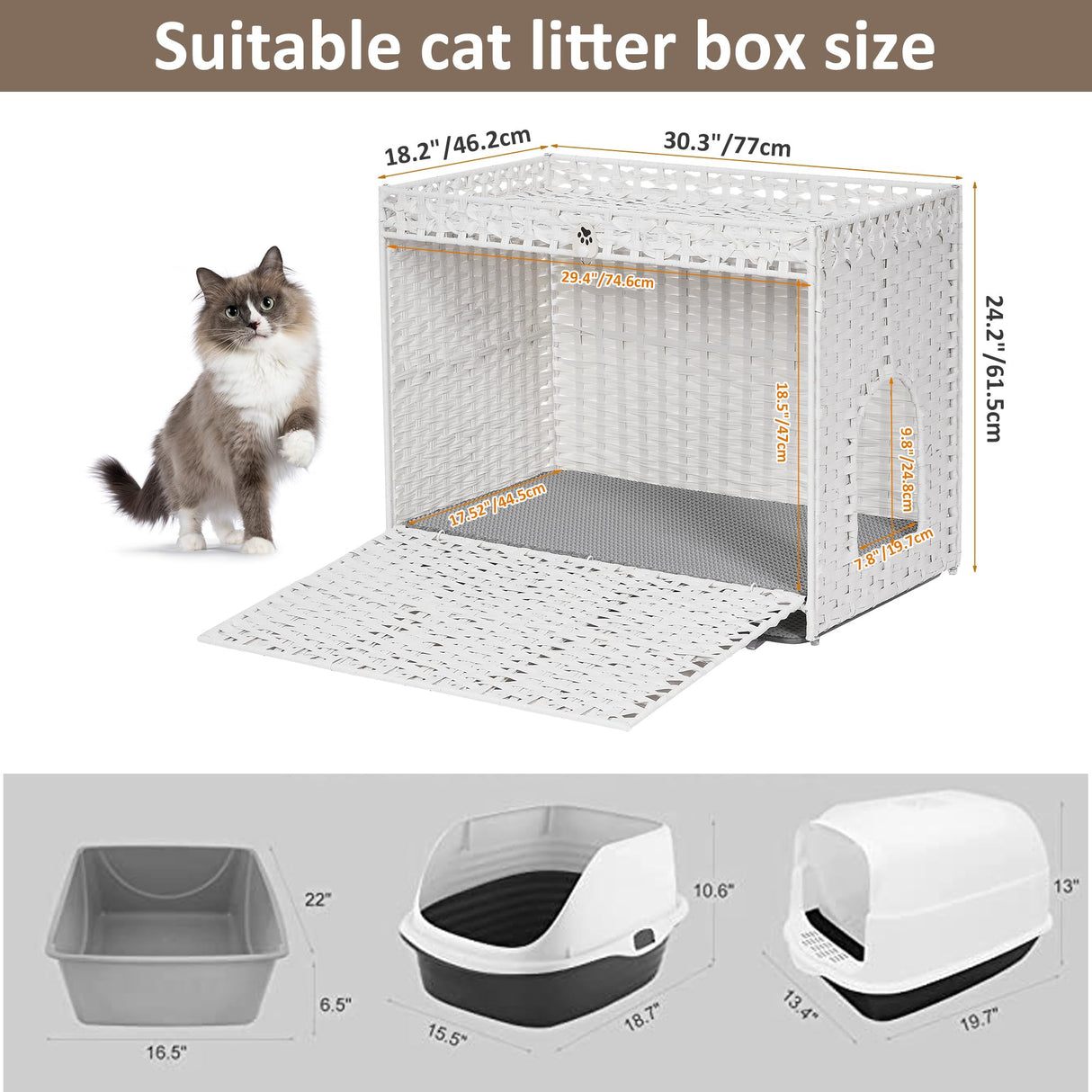 Cat Litter Box Enclosure with Soft Litter Mat; Hidden Cat Washroom Furniture with Door; Handwoven Rattan Cat House with Large Space; Pet Crate for Living Room, Bedroom, Balcony (White) Honiakaka