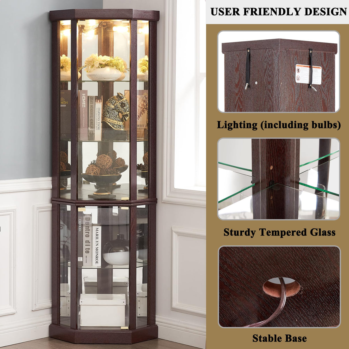 TRJQBCC 69" H Lighted Corner Display Cabinet, Curio Corner Glass Cabinet w/Adjustable Shelves & Glass Door, 5-Tier Wooden Storage Display Case w/Mirrored Back Pane for Living Room(Dark Cherry) TRJQBCC