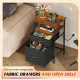 WLIVE Nightstand with Charging Station, Night Stand with 2 Fabric Drawers, Bedside Table, Small Dresser for Bedroom, Side Table with USB Ports and Outlets, Black and Rustic Brown WLIVE