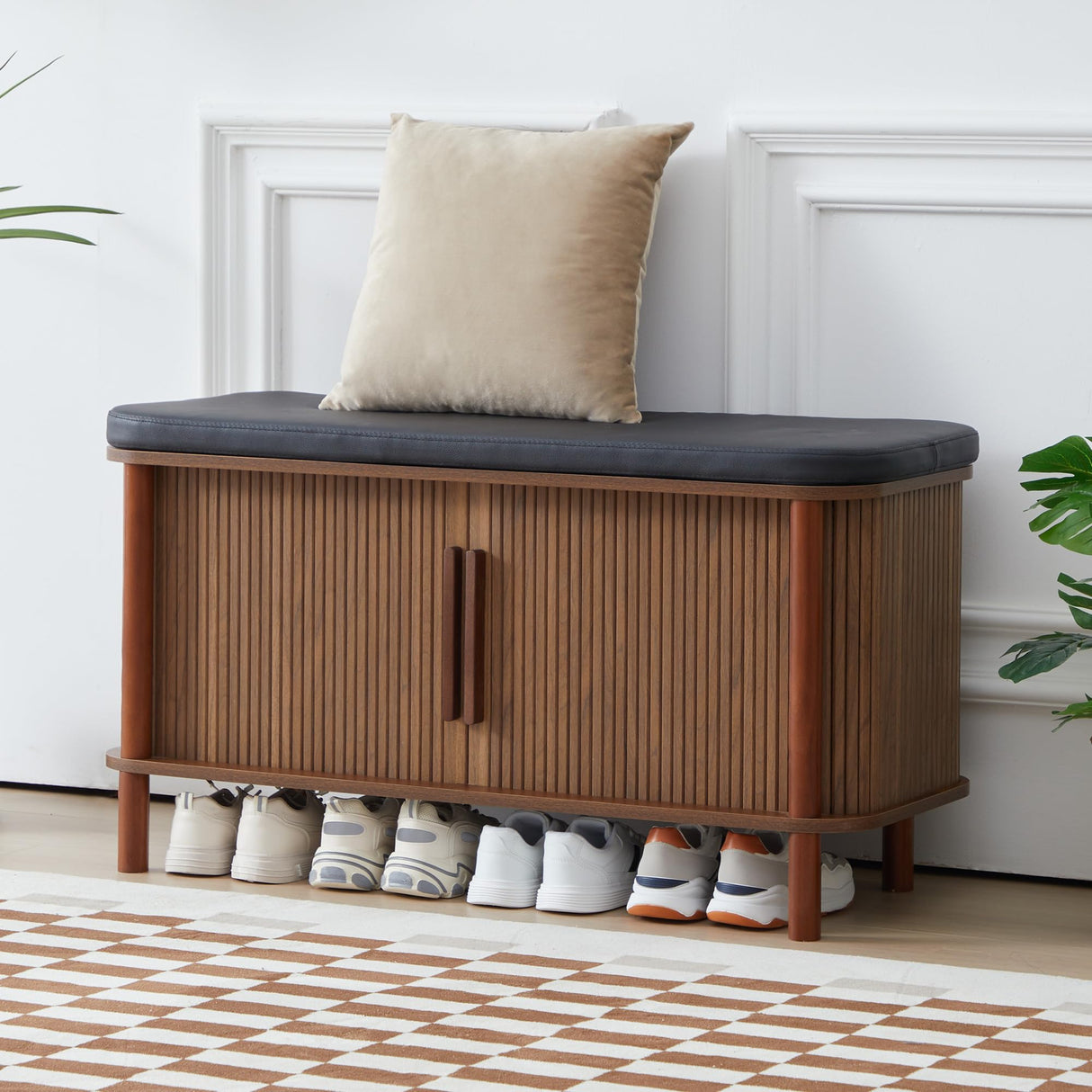 QEIUZON Shoe Bench, Entryway Shoe Cabinet with Leather Cushion and Sliding Door, Modern Shoe Storage Organizer for Living Room, Hallway (Walnut) QEIUZON