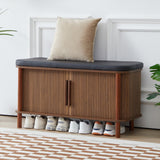 QEIUZON Shoe Bench, Entryway Shoe Cabinet with Leather Cushion and Sliding Door, Modern Shoe Storage Organizer for Living Room, Hallway (Walnut) QEIUZON