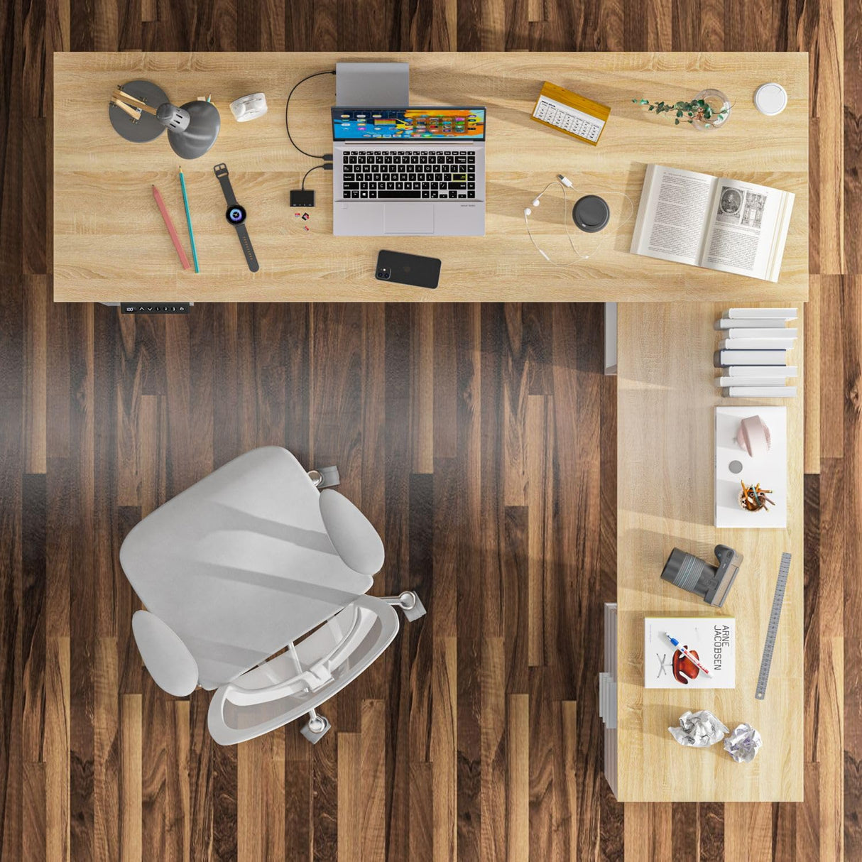 MOUMON L Shaped Standing Desk with Drawers and Shelves, Executive Desk Adjustable Height Desk, L-Shaped Design, 63 inch Tabletop, for Office Bedroom Oak and White (63”W x 63”D x 28.5-45.3”H) MOUMON