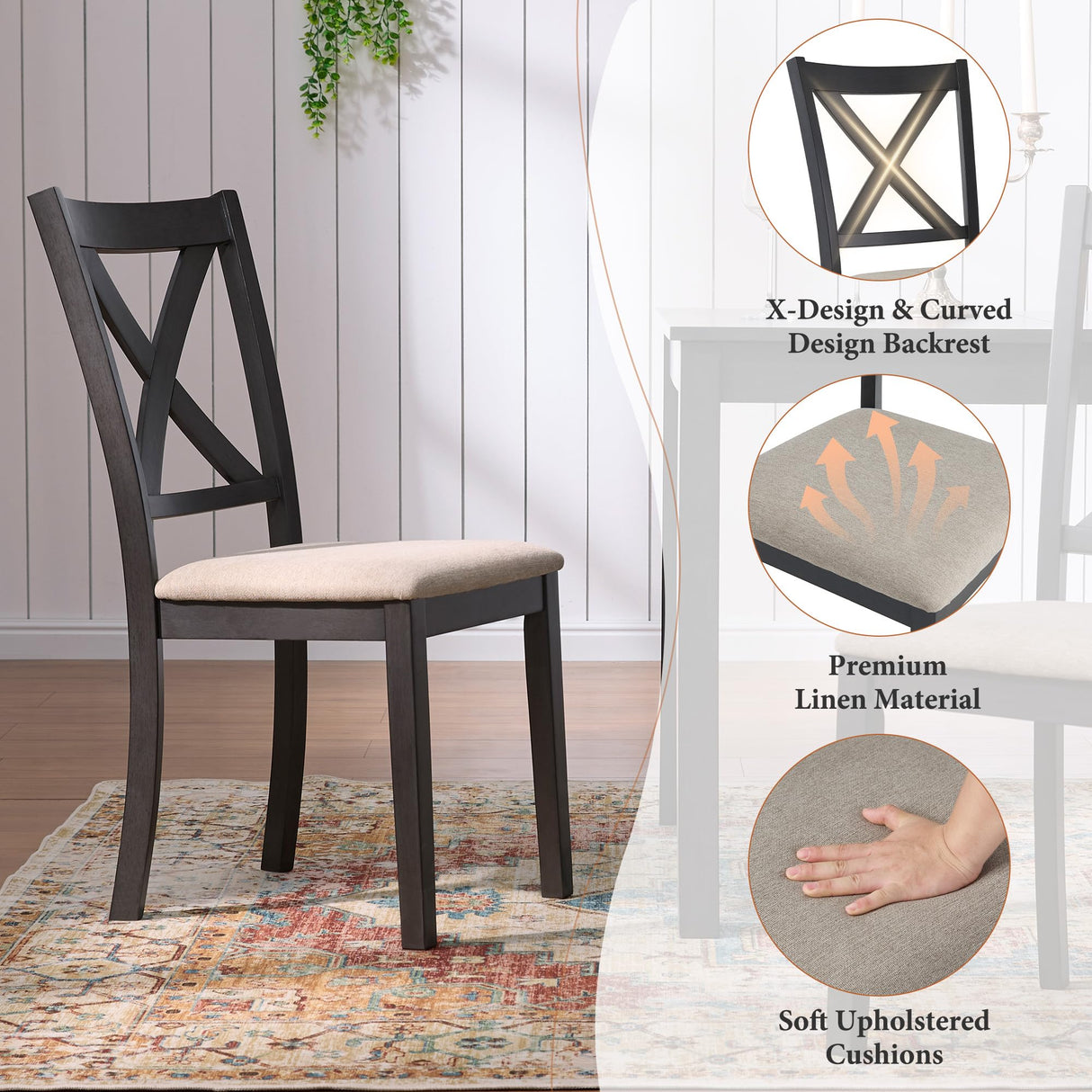 AMERLIFE 7-Piece Farmhouse Dining Table Set with 6 Upholstered Chairs, 60" Space-Saving Dining Table & Chair Set for Dining Room, Kitchen, Small Apartment, Restaurant, Grey & White AMERLIFE