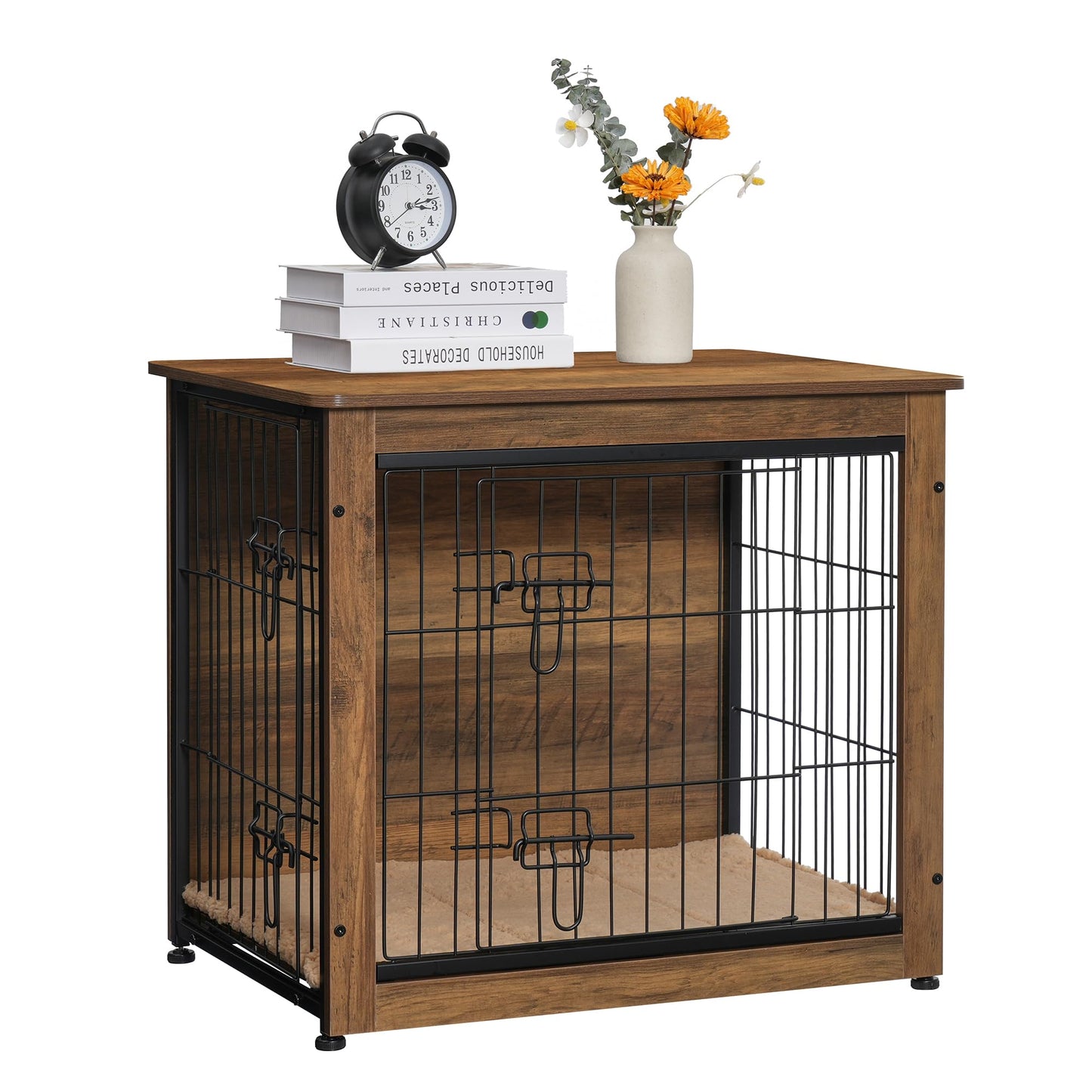 DWANTON Dog Crate Furniture with Cushion, Wooden Dog Crate with Double Doors, Dog Furniture, Dog Kennel Indoor for Small/Medium/Large Dog，End Table, Small, 27.2" L, Warm Brown - WoodArtSupply