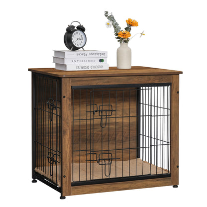 DWANTON Dog Crate Furniture with Cushion, Wooden Dog Crate with Double Doors, Dog Furniture, Dog Kennel Indoor for Small/Medium/Large Dog，End Table, Small, 27.2" L, Warm Brown - WoodArtSupply