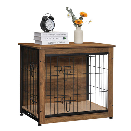 DWANTON Dog Crate Furniture with Cushion, Wooden Dog Crate with Double Doors, Dog Furniture, Dog Kennel Indoor for Small/Medium/Large Dog，End Table, Small, 27.2" L, Warm Brown Dwanton