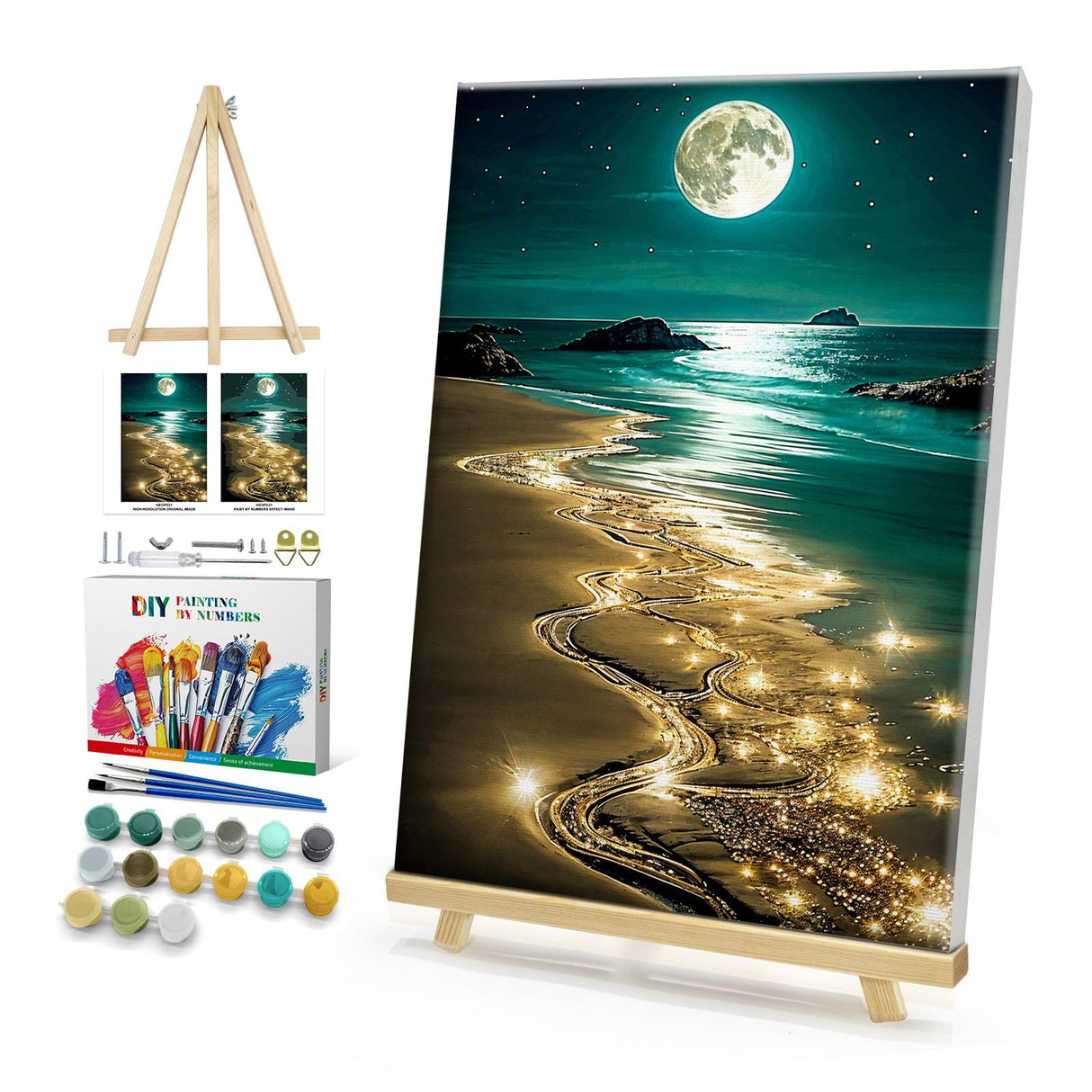 HeeBenor Framed Paint by Numbers Kit for Adults, Moon Paint by Number with Easel, DIY Beach Moon Landscape Oil Painting Kit, Adult Paint by Number Kits Framed Canvas for Home Decor 8x12 Inch HeeBenor
