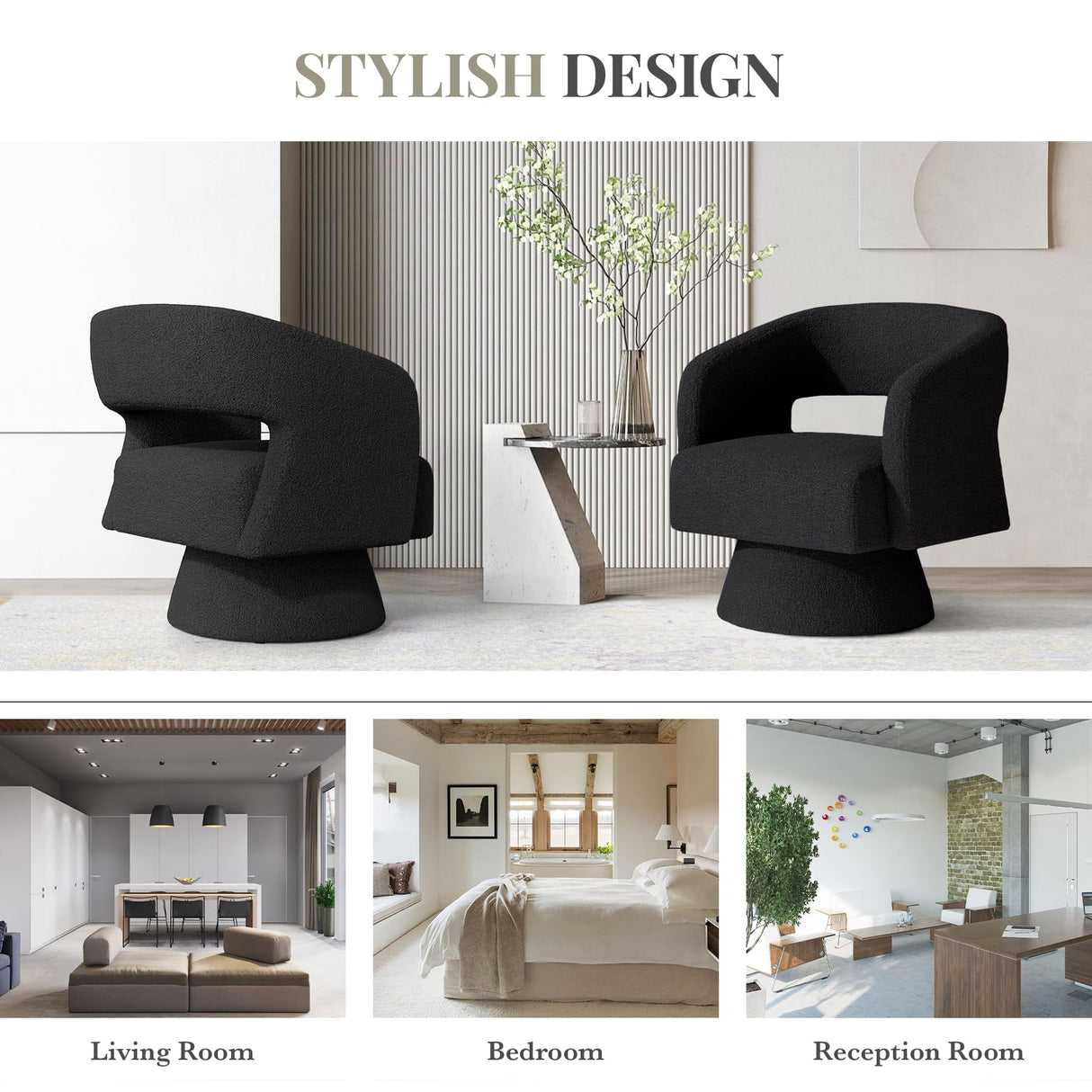 Swivel Barrel Accent Chair,Oversized Teddy Upholstered Round Swivel Chair,Modern Luxury 360 Degree Living Room Vanity Chair for Bedroom Office,Black Luxanimarion