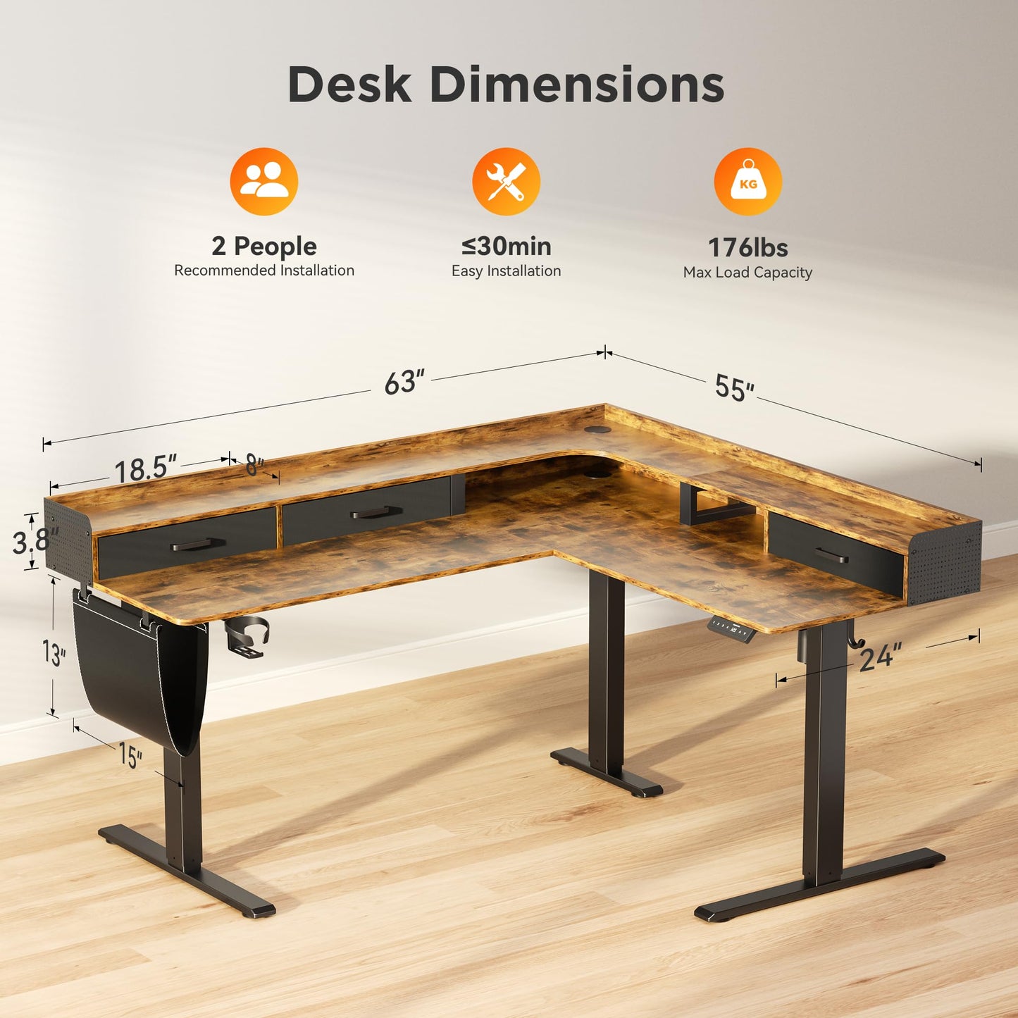 WALKINGDESK 63 Inches Height Adjustable L Shaped Standing Desk with 3 Drawers and Monitor Shelf, Electric Corner Comupter Desk, Sit Stand up Home Office Desk, Ergonomic Gaming Desk, Rustic Brown