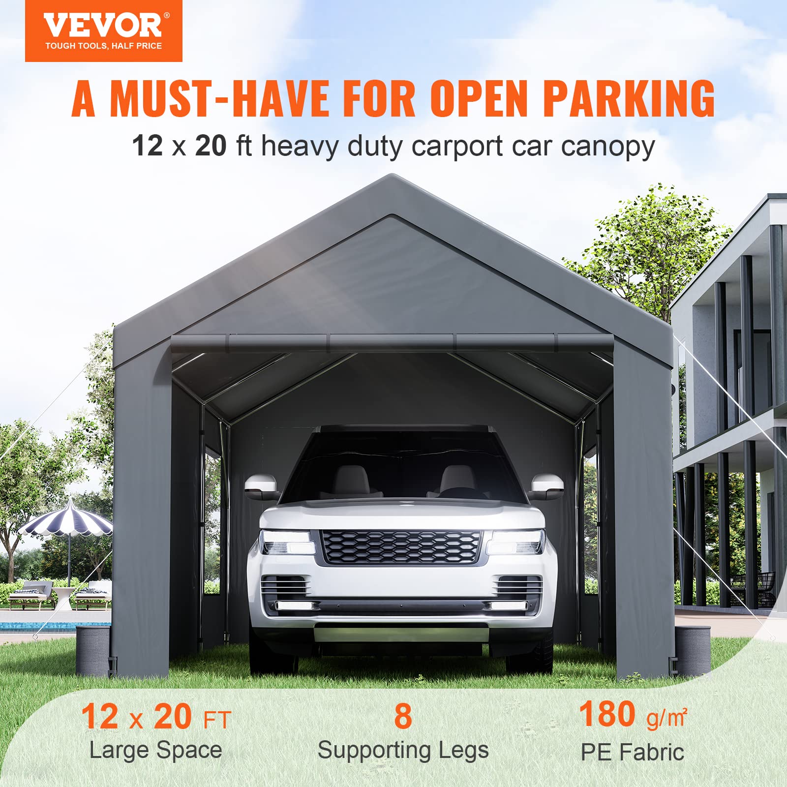 VEVOR Carport 12'x20' Heavy Duty Portable Garage, Upgraded Extra Large Car Canopy with Roll-up Ventilated Windows, Removable Sidewalls, Waterproof UV Resistant All-Season Tarp for Pickup Truc - WoodArtSupply