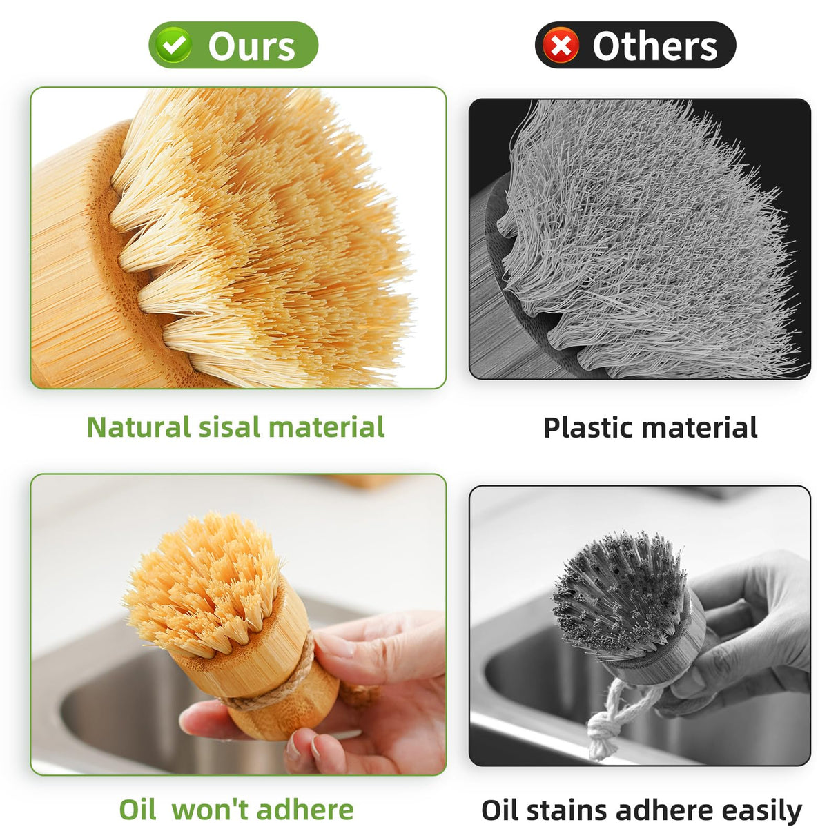 SUBEKYU Bamboo Dish Scrub Brush for Kitchen Sink, Natural Wooden Washing Dish Brush Scrubber, Sisal Bristles Brush for Household Cleaning Cast Iron Brush Pots, Pans and Vegetables SUBEKYU