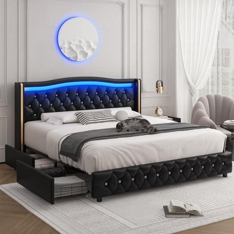 HIFIT King Smart LED Platform Bed Frame with 4 Storage Drawers & Wingback Headboard in Black HIFIT