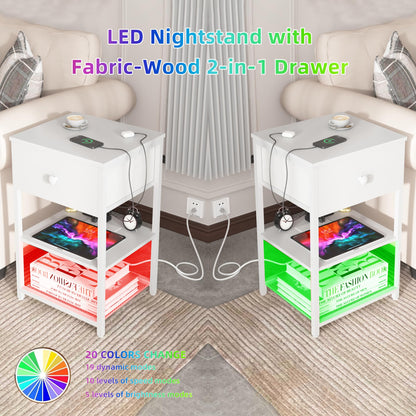 LTTDOUK LED Nightstands Set of 2 with Charging Station, Bedside Tables with USB Ports and Outlets, End Table with Fabric-Wood 2-in-1 Drawer, White Side Table for Bedroom, Living Room - WoodArtSupply