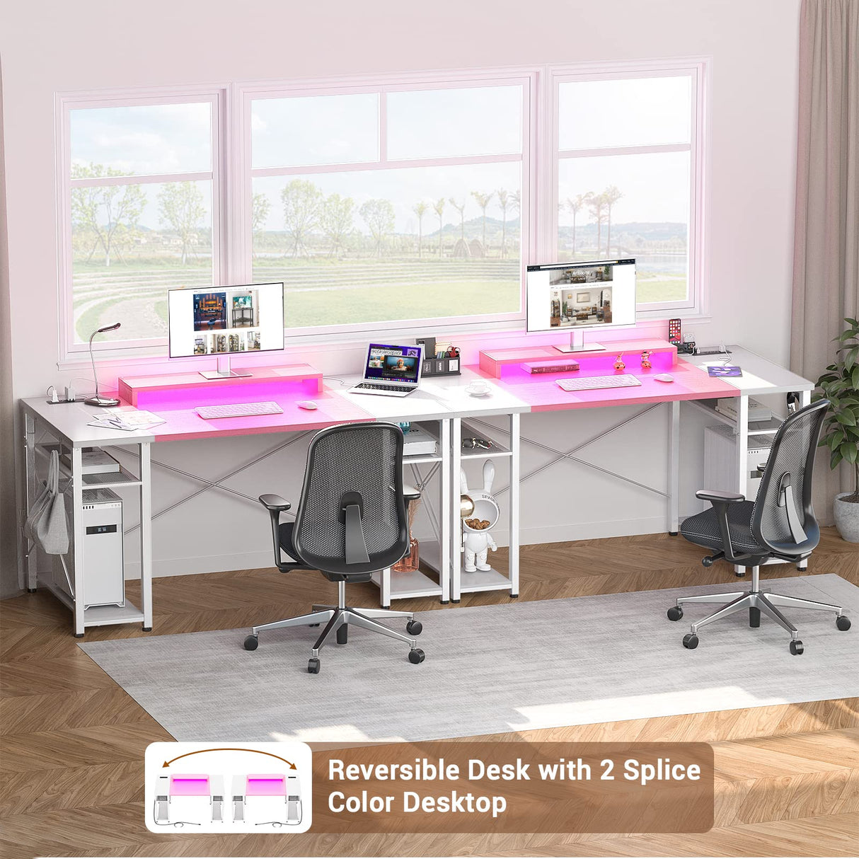 armocity Computer Desk with LED Lights, 55 Inch Desk with Power Outlet and USB, Reversible Large Desk with Moveable Monitor Stand, 55.2'' Gaming PC Table for Home Office, Workstation, Pink and White armocity