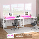 armocity Computer Desk with LED Lights, 55 Inch Desk with Power Outlet and USB, Reversible Large Desk with Moveable Monitor Stand, 55.2'' Gaming PC Table for Home Office, Workstation, Pink and White armocity