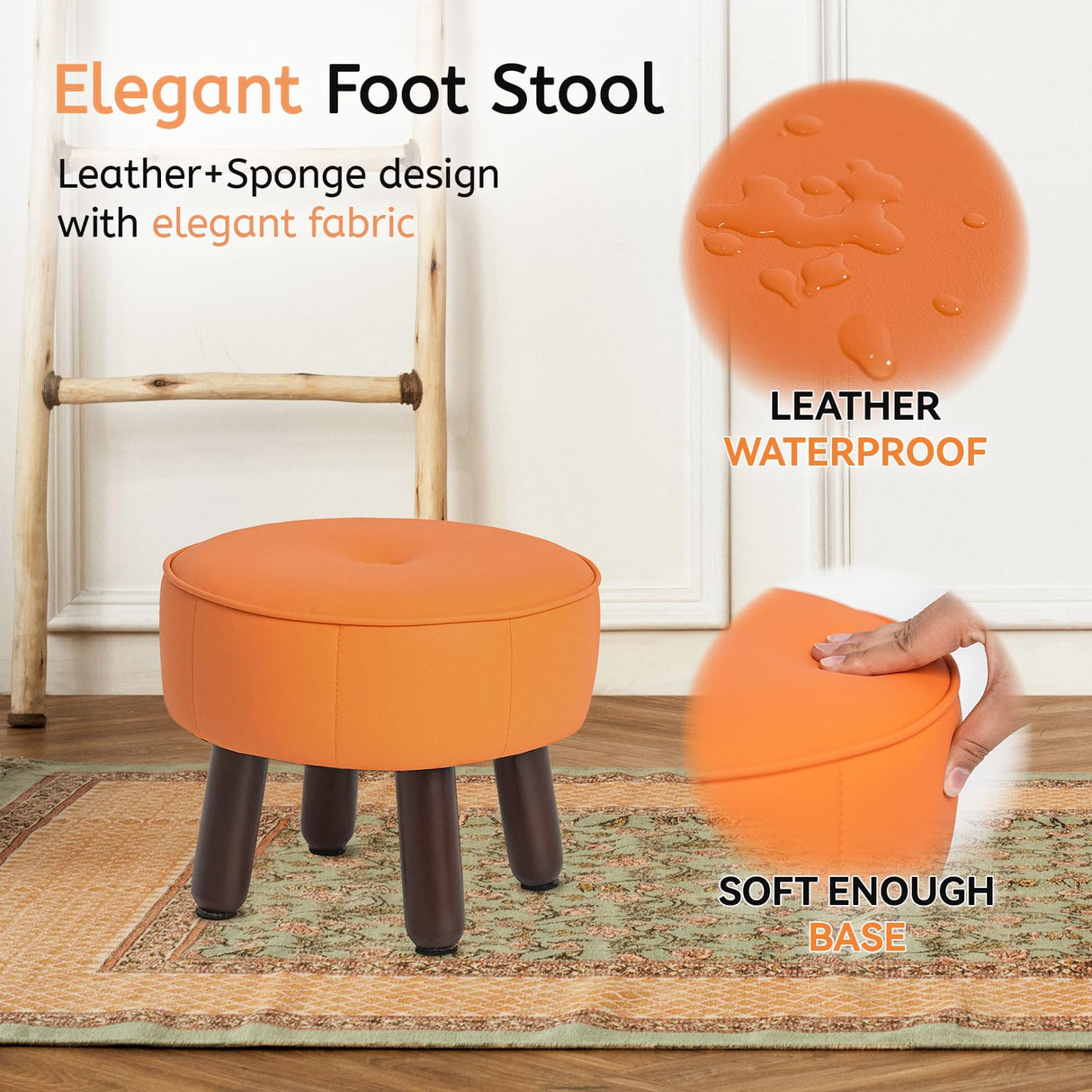 oakvivo 13in Small Foot Stool Ottoman, Round Faux Leather Foot Rest for Couch, Under Desk Pouf Footstool Footrest with Non-Skid Rubber Legs for Ling Room, Bedroom, 13''L x 13''W x 10.2''H, Orange oakvivo