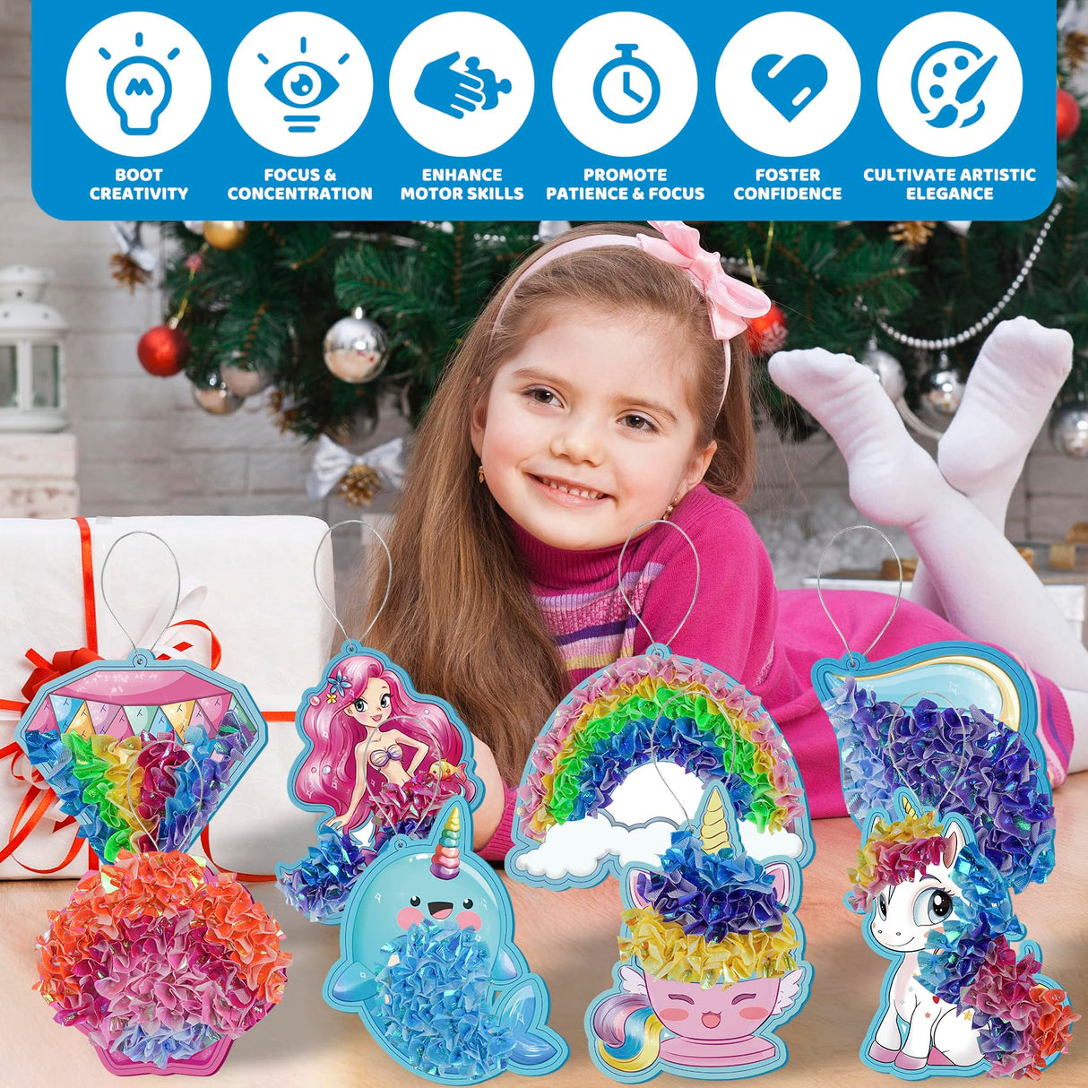 8 Packs Poke in Crafts Art Kits for Girl, Unicorn Mermaid Mess Free Kids' Paper Craft Kits, Birthday Gift for Girls 4 5 6 7 8 9 Years Old, DIY Presents, Mess Free Art Activity ATFUNSHOP