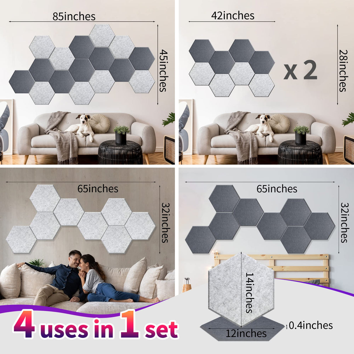 Mollywell Hexagon Acoustic Panels, High Density, Soundproofing, Decorative Noise Reduction Felt Wall Tiles for Ceilings, Home Office & Gaming Room (Moon and Silver Gray), 14×12×0.4 Inch Mollywell