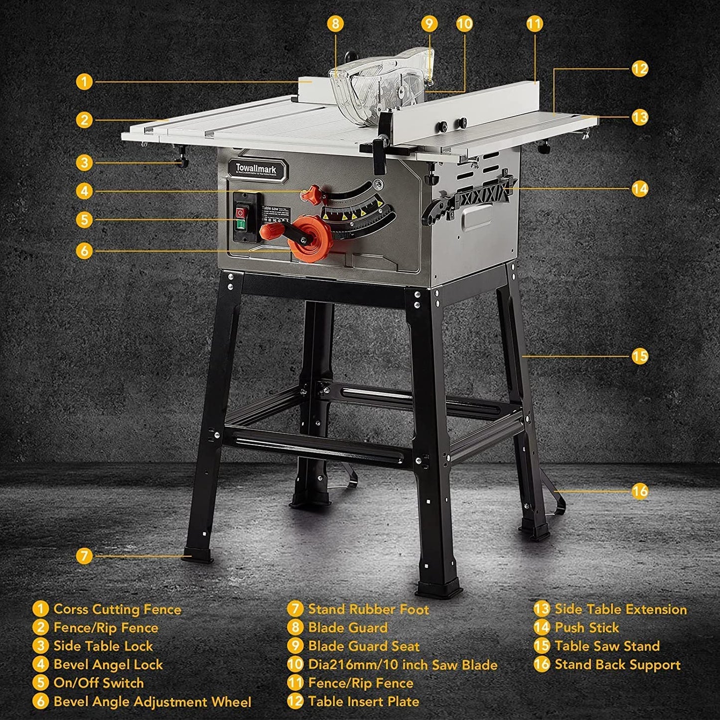 Table Saw, Towallmark 10 Inch 15A Multifunctional Saw with Stand & Push Stick, 90° Cross Cut & 0-45° Bevel Cut, 5000RPM, Adjustable Blade Height for Woodworking - WoodArtSupply