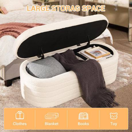 OuchTek Teddy Storage Ottoman Bench Modern Upholstered Storage Bench Sherpa Window Entryway Bench Oval White Ottoman with Storage for Living Room Bedroom Bench End of Bed OuchTek