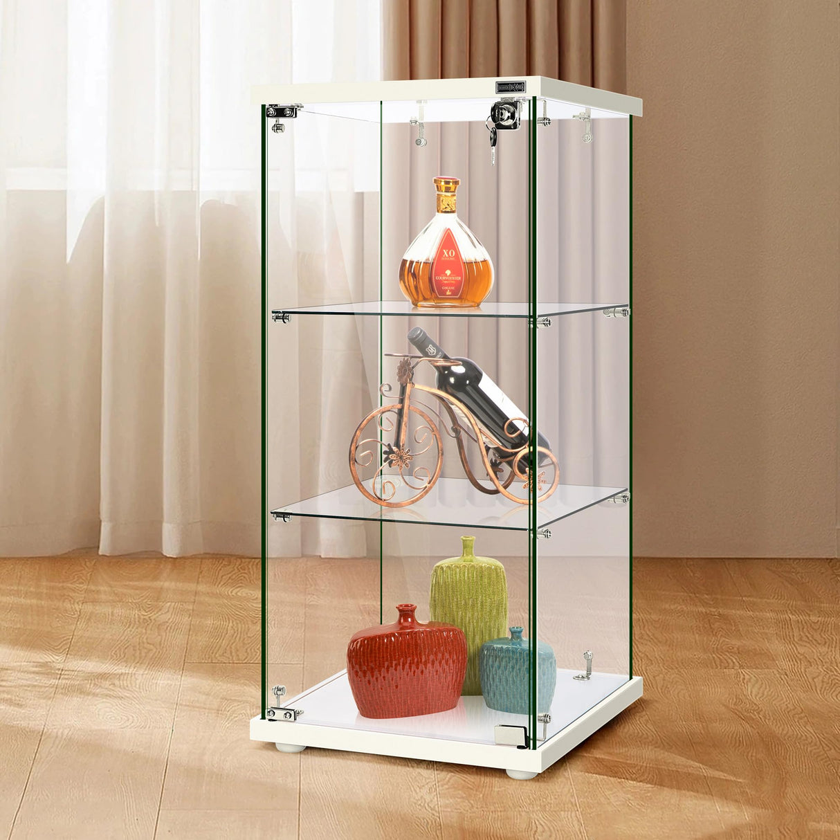 VIVOHOME 3 Layers 16''W x 16''D x 33''H Glass Display Cabinet Showcase Countertop with Lock, 4mm Tempered Glass 25mm MDF Base VIVOHOME