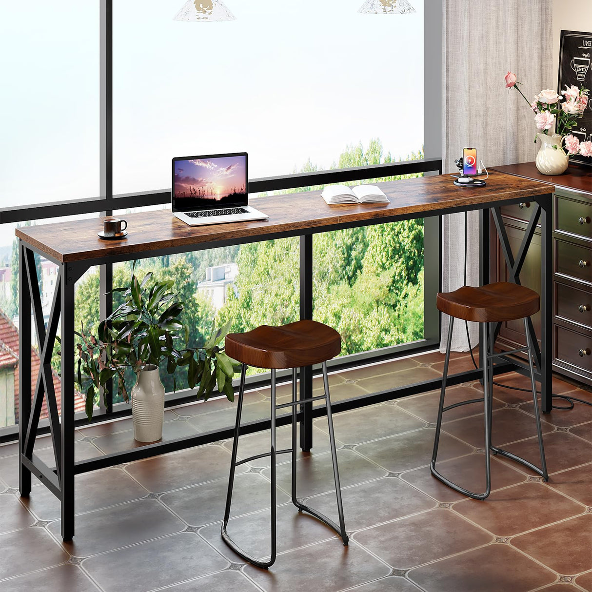 CHOEZON 70.9'' Bar Table, Kitchen Dining Table with Power Outlet and Footrest, Industrial Style, for Pub, Living Room, Rustic Brown and Black TBT08UBF CHOEZON