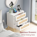 Irontar Rattan Nightstand with Charging Station, Night Stand with 3 Large Rattan Drawers, Accent End Table, Bedside Table with Solid Wooden Legs for Bedroom, White and Natural BZZ006WME Irontar