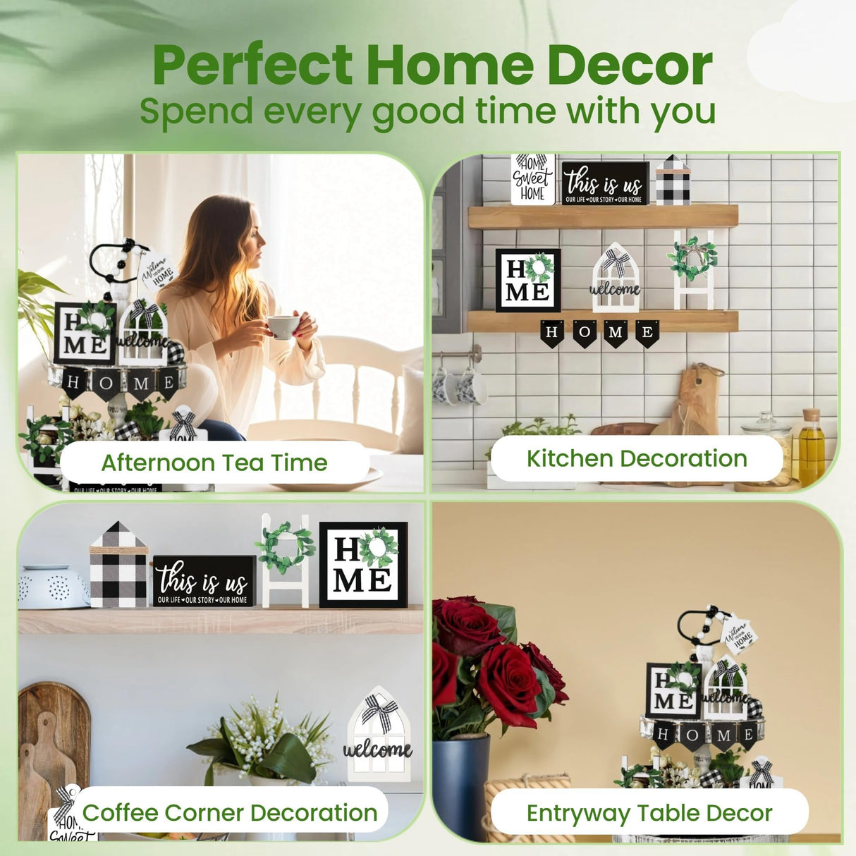 Tiered Tray Decor Set for Rustic Home Country Kitchen Dining Room Living Room Table Decorations Farmhouse Modern White and Black Tray Decorative with Wooden Beads and Board (No Tray) MKER HOME