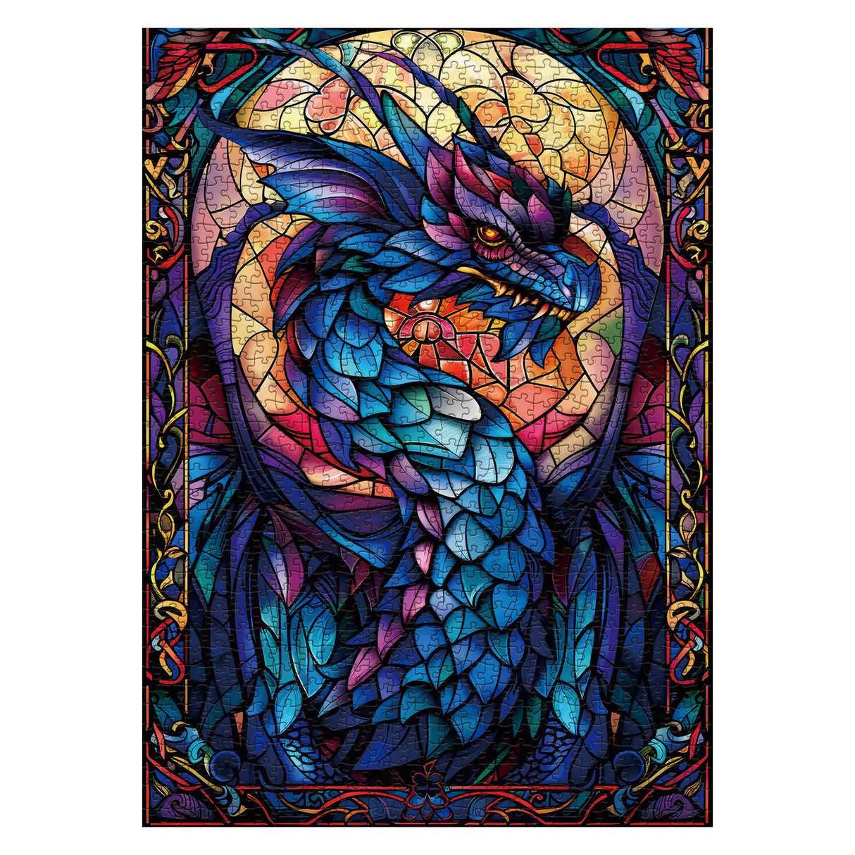 Fantasy Dragon Puzzles for Adults 1000 Pieces, Stained Glass Art Jigsaw Puzzles, Blue Purple Darkness Western Dragon Puzzle IdeaBazar