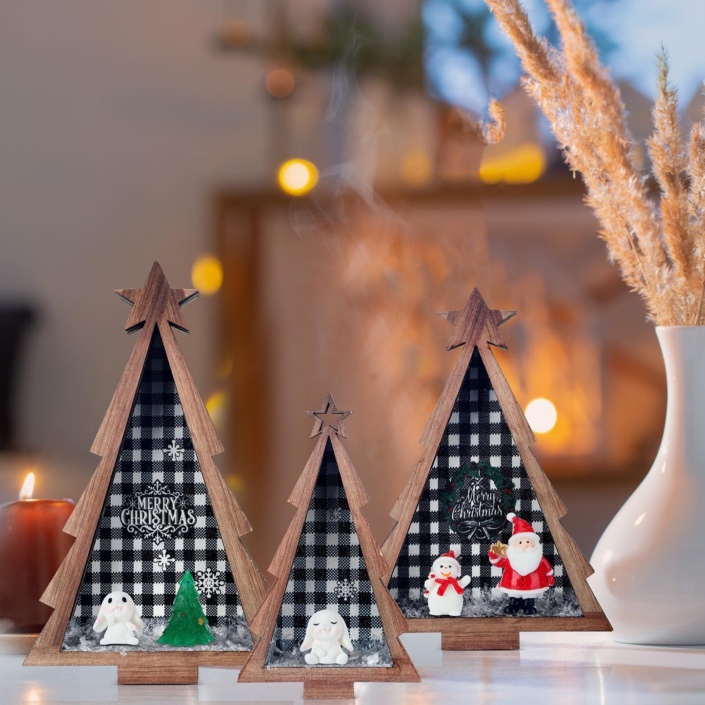 3 Pcs Wooden Christmas Trees Rustic Tabletop Decoration with Christmas Resin Charms Farmhouse Wooden Xmas Centerpiece Christmas Tree Sign Centerpieces for Table Home Decor