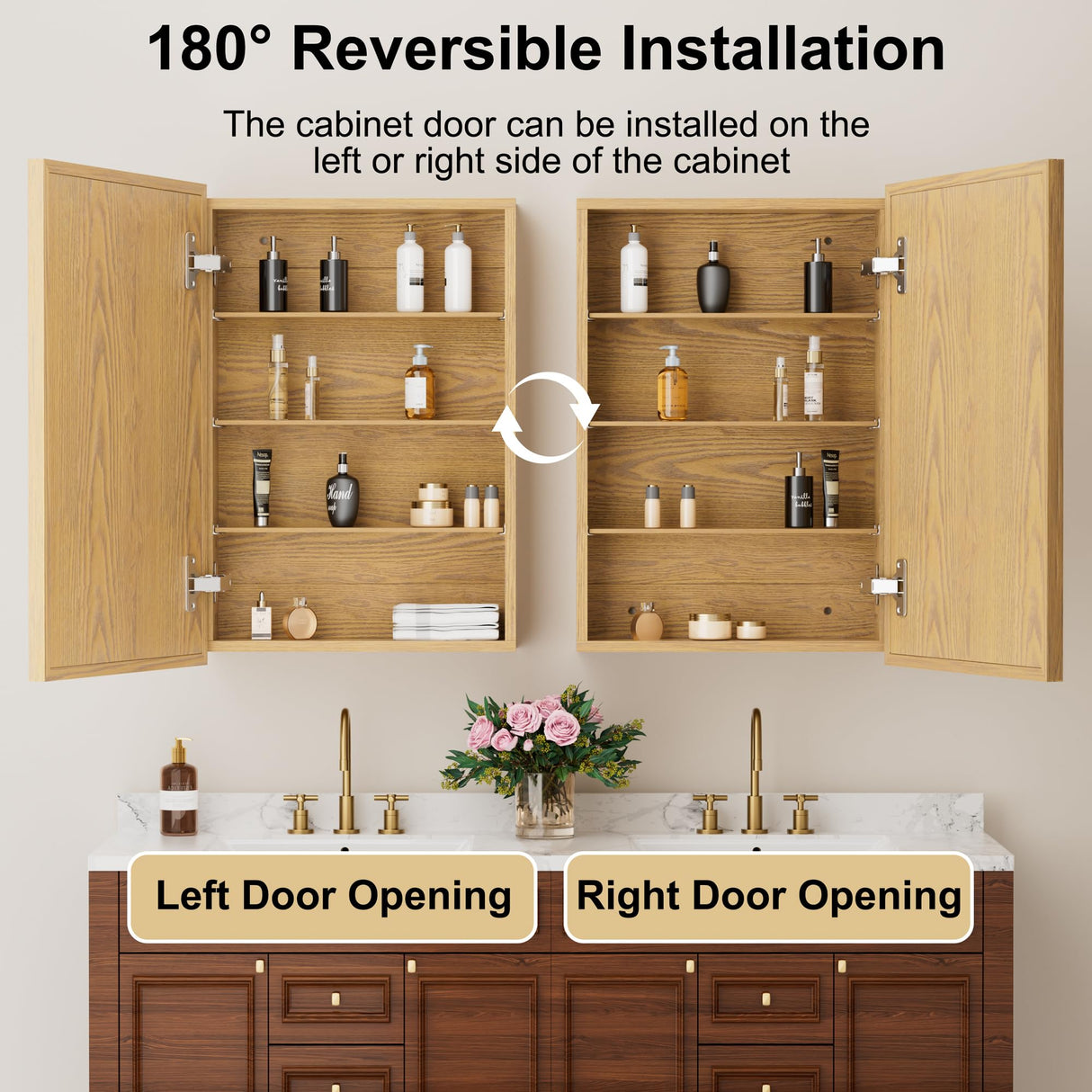 HBEZON 24x30 Inch Wooden Medicine Cabinet with Mirror, Surface or Recessed Mounted Bathroom Cabinets with Door, Adjustable Shelves, Soft-Close Hinge, Wall Storage, Oak Wood Frame HBEZON