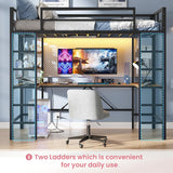 Hasuit Loft Bed with U-Shaped Desk, Charging Station &LED Lights, Metal LED Twin Loft Bed with Open Storage Shelves, Safety Guardrail & Double Ladder,No Box Spring Needed, Black Twin Size Loft Bed Hasuit