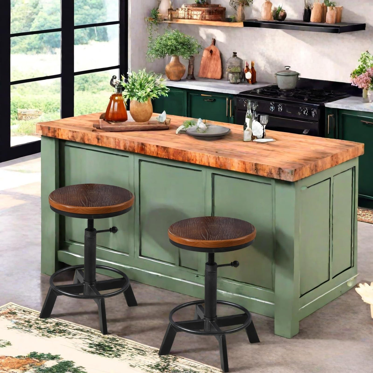 BOKKOLIK Set of 2-Industrial Bar Stool-Rustic Counter Height Chairs for Kitchen Island-Farmhouse Swivel Wooden Seat- Adjustable 17.7-24inch BOKKOLIK