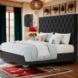 DWVO King Bed Frame with 53" Tall & 2 Charging Station, Velvet Upholstered Platform Bed with Button Tufted Headboard,No Box Spring Needed,Noise-Free (Black, Queen) DWVO