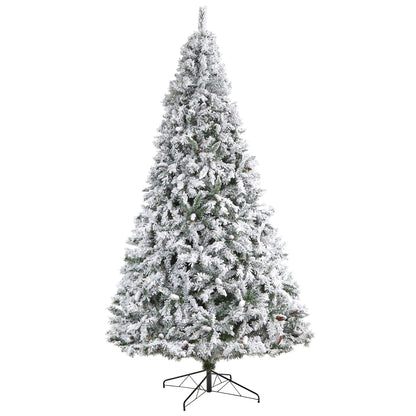 Nearly Natural 10ft. Flocked White River Mountain Pine Artificial Christmas Tree with Pinecones and 800 Clear LED Lights