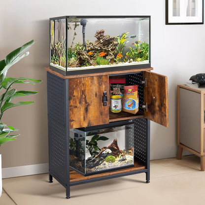 VINGLI 20 Gallon Fish Tank Stand, Metal Frame Aquarium Stand with Cabinet for Double Fish Tank ＆ Accessories Storage, 25.99" L* 13.78" W Tabletop, 550LBS Capacity, Rustic Brown