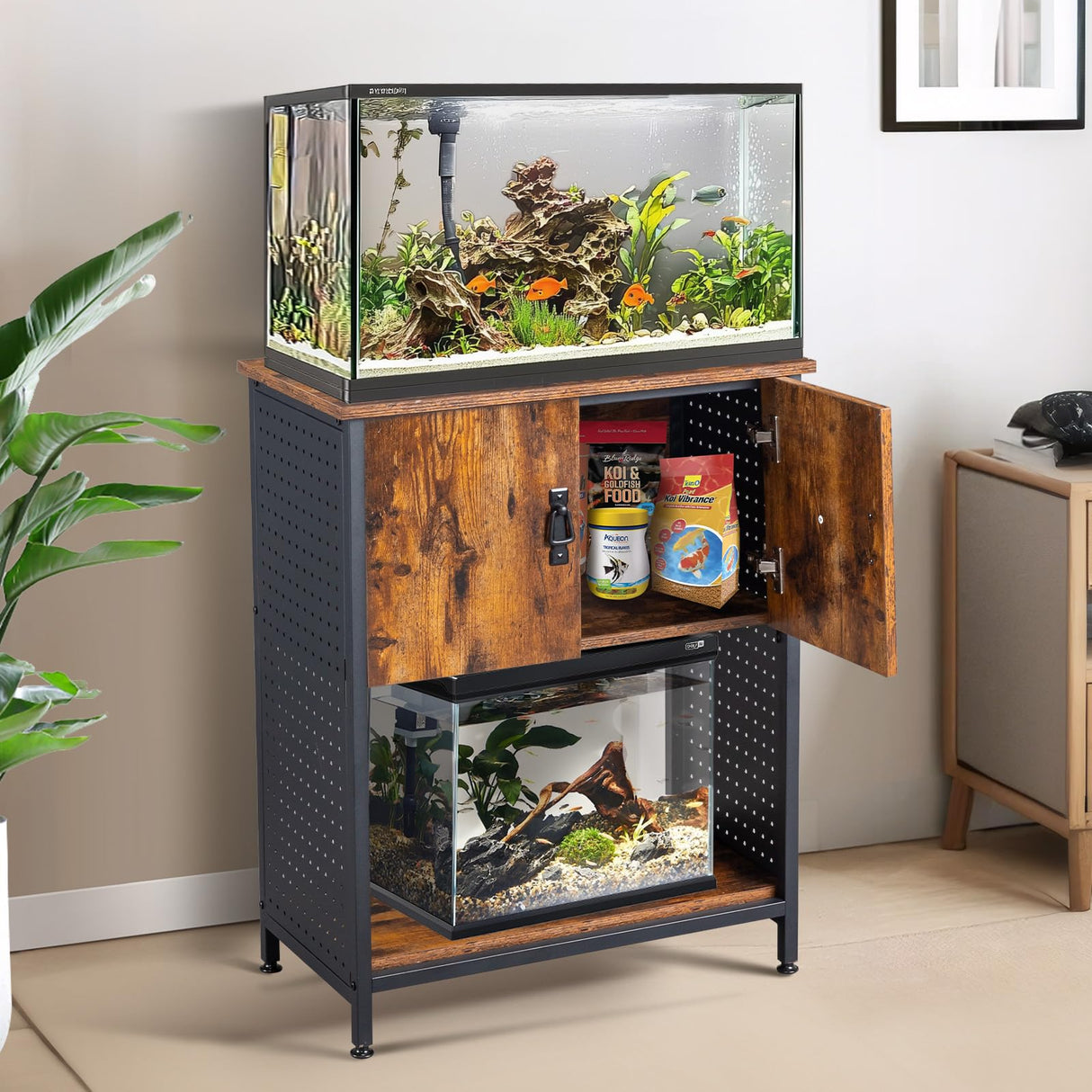 VINGLI 20 Gallon Fish Tank Stand, Metal Frame Aquarium Stand with Cabinet for Double Fish Tank ＆ Accessories Storage, 25.99" L* 13.78" W Tabletop, 550 LBS Capacity, Rustic Brown VINGLI