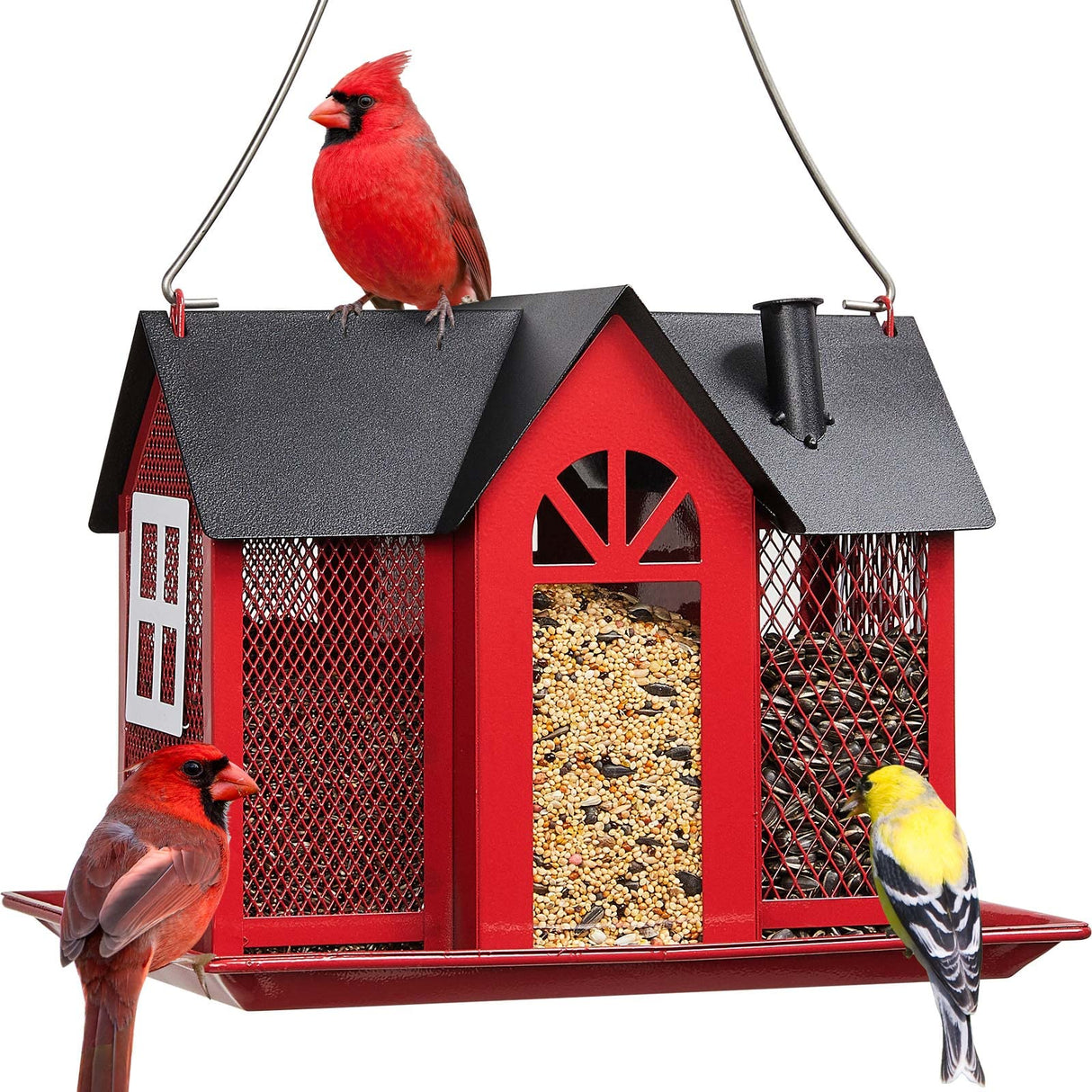 Kingsyard Bird Feeder House for Outside, Metal Mesh Wild Bird Feeder with Triple Feeders for Finch Cardinal Chickadee, Large Capacity, Weatherproof and Durable, Red Kingsyard