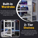 Queen Loft Bed with Stairs and Desk,Heavy Duty Metal Queen Size Loft Bed Frame for Adults with Wardrobe and Shelf, Gaming Bed with LED and USB for Teens Girls Boys,No Noise, White MoproBeti