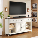DWVO Farmhouse TV Stand for 65 Inch TV, 31.5" Tall Entertainment Center w/3 Drawers & Shutter Doors, Rustic Media Console Cabinet w/Storage Shelves, Wood Television Stand for Living Room, Rustic White DWVO