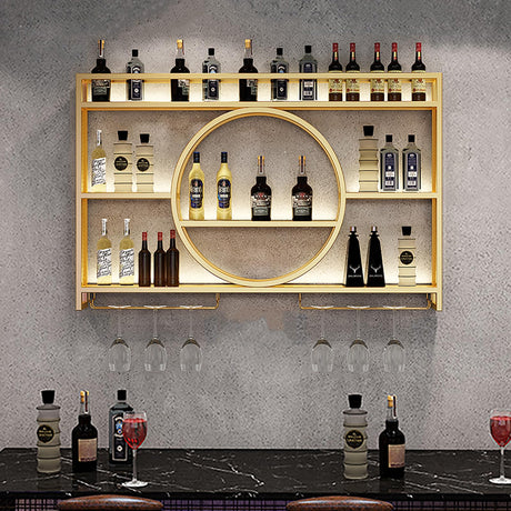 AKOGG Wine Rack Wall Mounted With LED Light ＆ Wine Glass Holder,Iron Bar Liquor Shelf,Floating Wall Wine Shelves,Liquor Bottle Display Shelf,Wine Glass Storage Racks,For Kitchen Wine Cellar,Gold/Black AKOGG