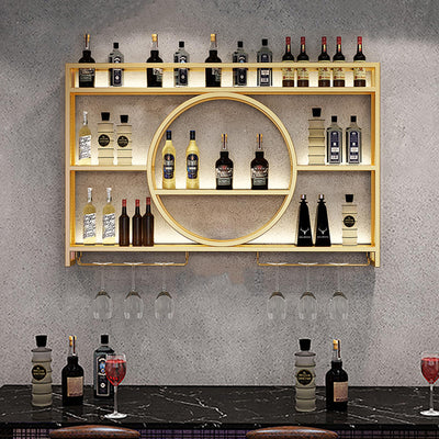 AKOGG Wine Rack Wall Mounted With LED Light ＆ Wine Glass Holder,Iron Bar Liquor Shelf,Floating Wall Wine Shelves,Liquor Bottle Display Shelf,Wine Glass Storage Racks,For Kitchen Wine Cellar,Gold/Black