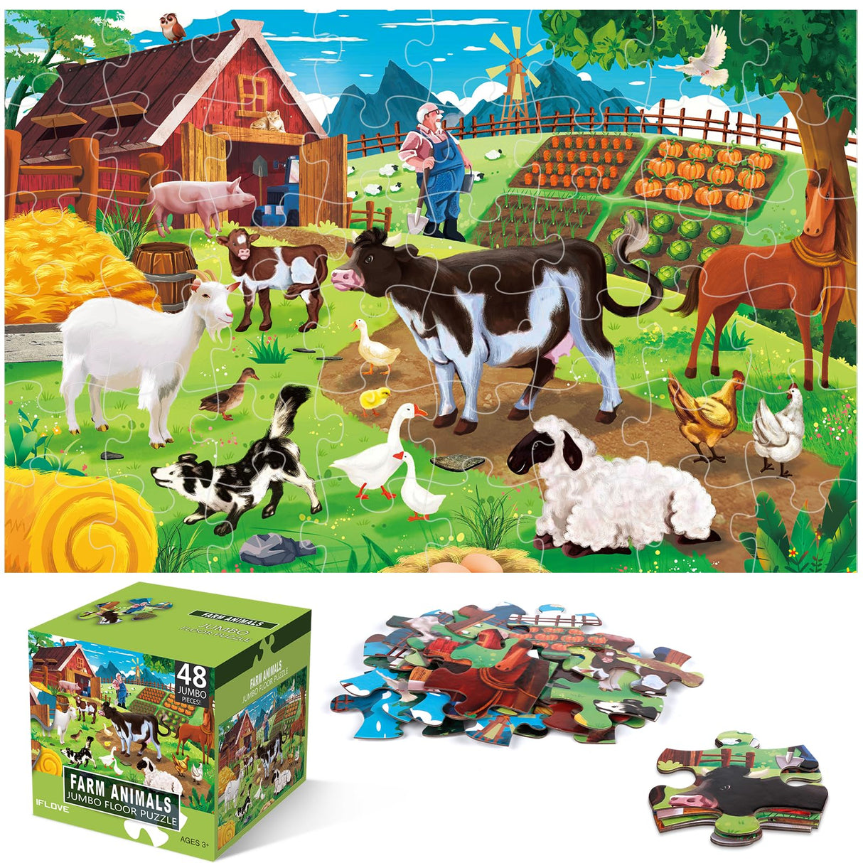 Jumbo Floor Puzzle for Kids,Farm Animals Jigsaw Large Puzzles,48 Piece Barn Puzzle for Toddler Ages 3-5,Children Learning Preschool Educational Toys,Birthday Gift for 4-8 Years Old Boy and Girl IFLOVE