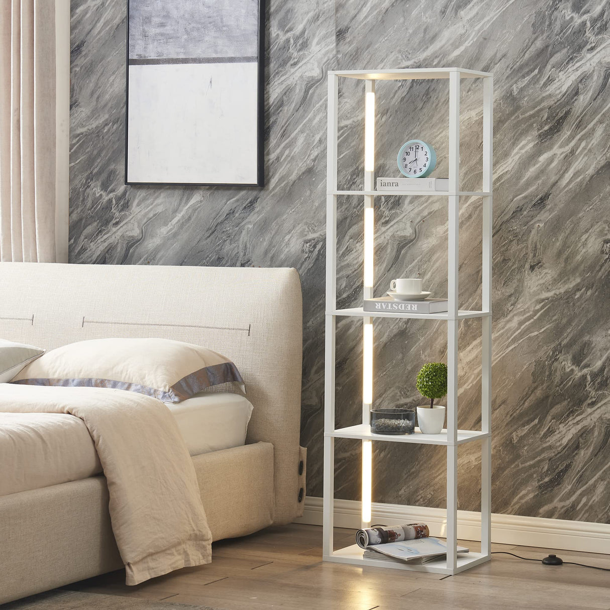 FENLO Fancy - LED Display Shelf with Dimmable Lights, LED Floor Lamps for Living Room, Sturdy Corner Curio Cabinet Display, Tall Floor Lamps with Shelves FENLO