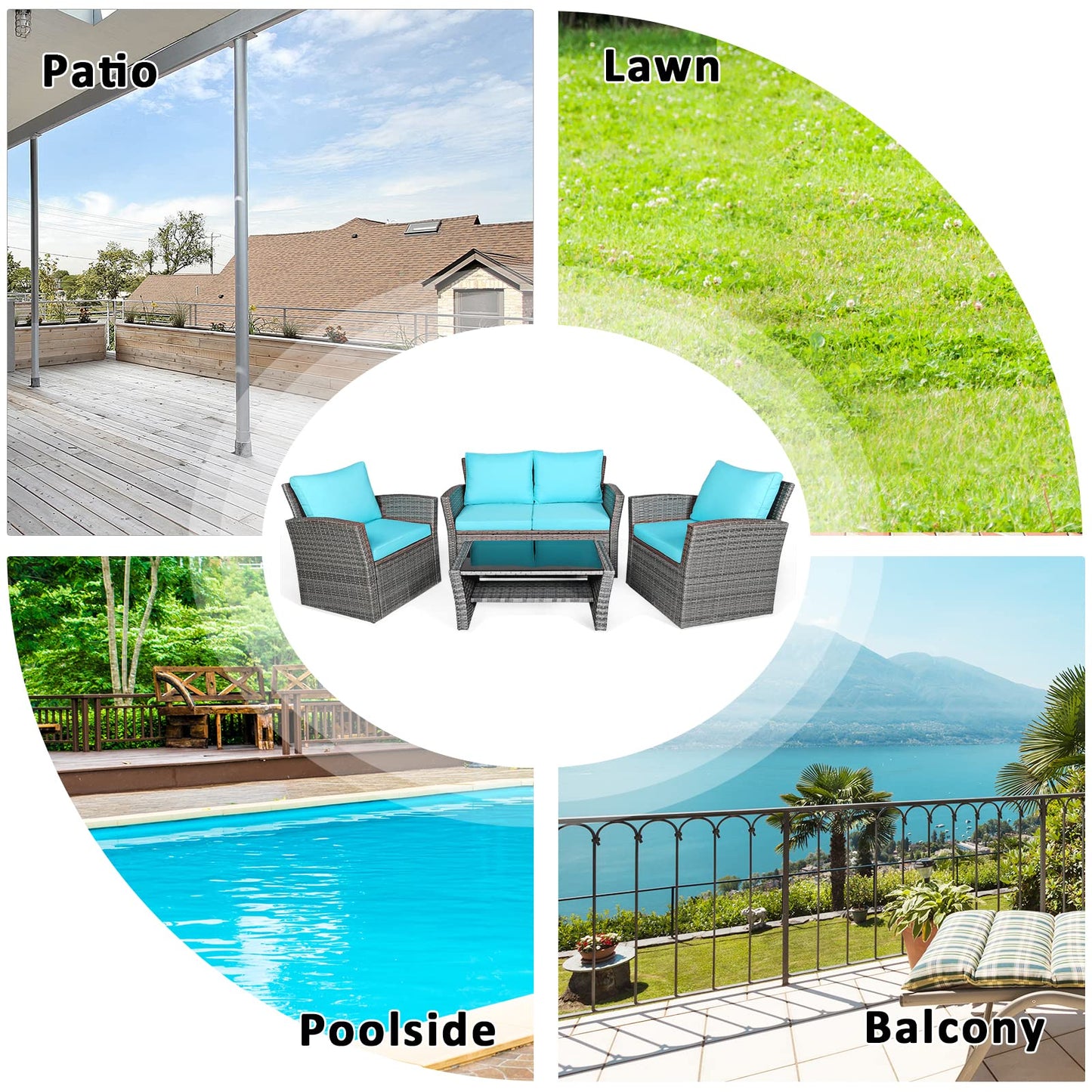 COSTWAY 4 Pieces Patio Rattan Furniture Set, Outdoor Wicker Sofa Set with Tempered Glass Coffee Table, Cushions, All Weather Rattan Conversation Set for Yard Balcony Backyard Pool, Turquoise