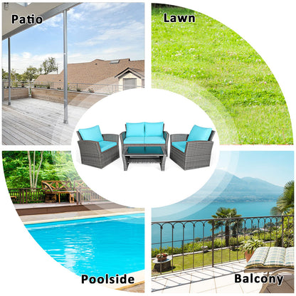 COSTWAY 4 Pieces Patio Rattan Furniture Set, Outdoor Wicker Sofa Set with Tempered Glass Coffee Table, Cushions, All Weather Rattan Conversation Set for Yard Balcony Backyard Pool, Turquoise