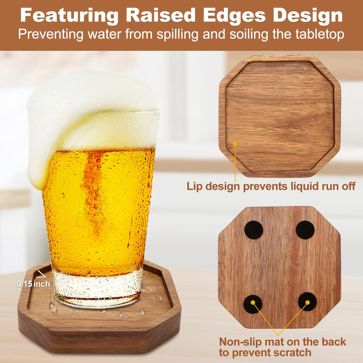 Wooden Coaster Set of 6 Bar Drink Coasters with Holder Acacia Wood Coaster Modern Cup Coaster for Coffee Table Cute Beer Coasters Decor Rustic Coaster Farmhouse Beverage Coasters Outdoor Coaster Ayiaren