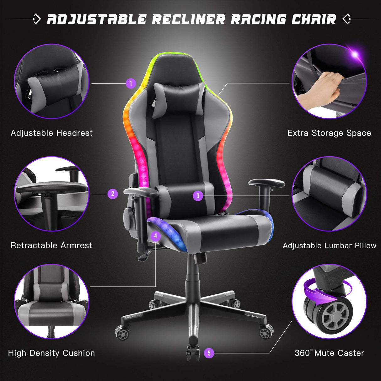 Gaming Chair with Bluetooth Speakers RGB LED Lights, Music Video Game Chair, Ergonomic PU Leather Comfortable Computer Chair, Adjustable Reclining Racing Office Swivel Chair for Adult Teens (Gray) YOUTHUP