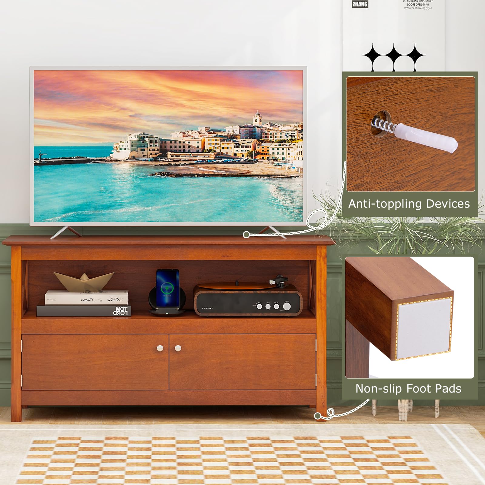 Tangkula Wooden TV Stand for TVs Up to 50 Inch, X Shape Console Storage Cabinet, Entertainment Center with 2 Doors & Shelf, Home Living Room Furniture, Farmhouse TV Storage Console (Coffee) - WoodArtSupply