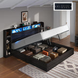 LUXOAK Full Size Lift Up Bed Frame with Bookcase Headboard & 2 Side Shelf, Farmhouse Storage Bed with LED Light and Charging Station, No Box Spring Needed, Noise-Free, Black Oak LUXOAK